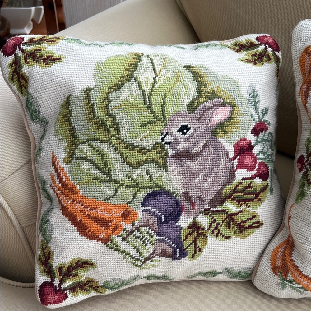 SET of 2 Steinwinder Needlepoint Pillows Bunny Throw Spring Rabbits  - Like New